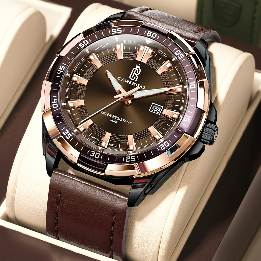 CAREKISO Bulk Supply Men Alloy Case Mineral Glass Luminous Waterproof Leather Strap Business Casual Quartz Watch