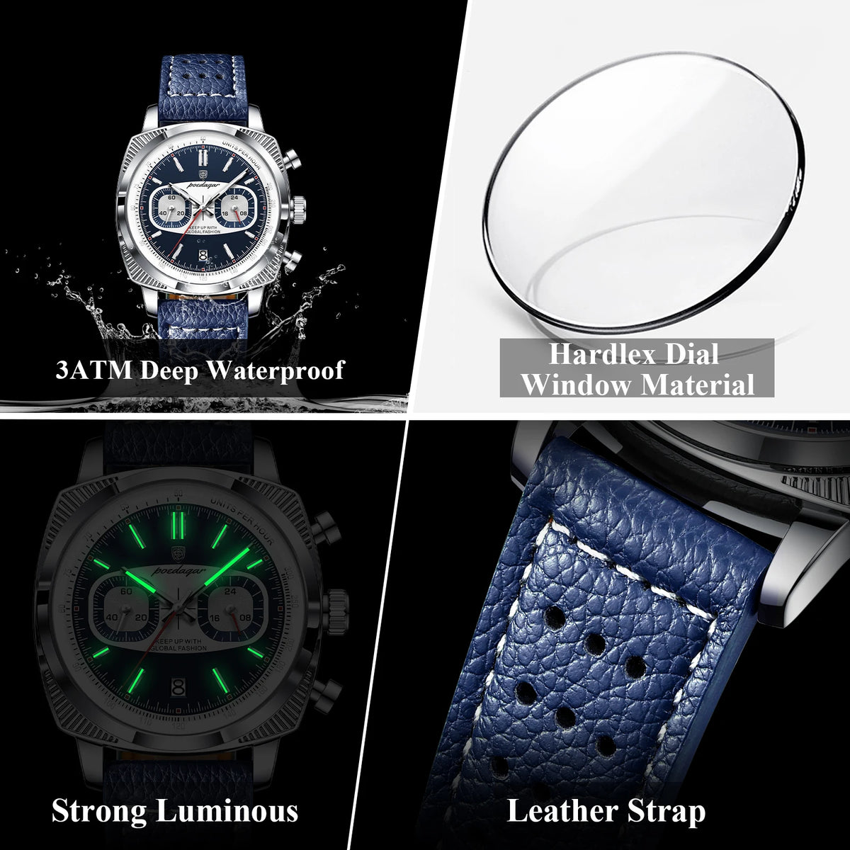 Poedagar 838 Mens Chronograph Watch Date Display Leather Strap Quartz Watches 3ATM Waterproof Luminous Sports Daily Wear