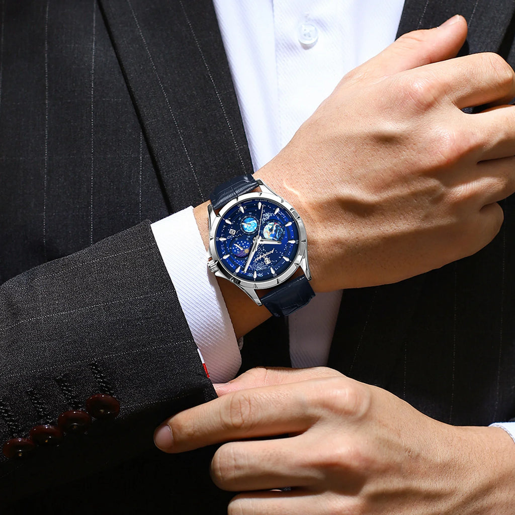 Poedarar New Luxury Fashion Starry Sky Dial Men Quartz Watches Waterproof Luminous Leather Watch for Men