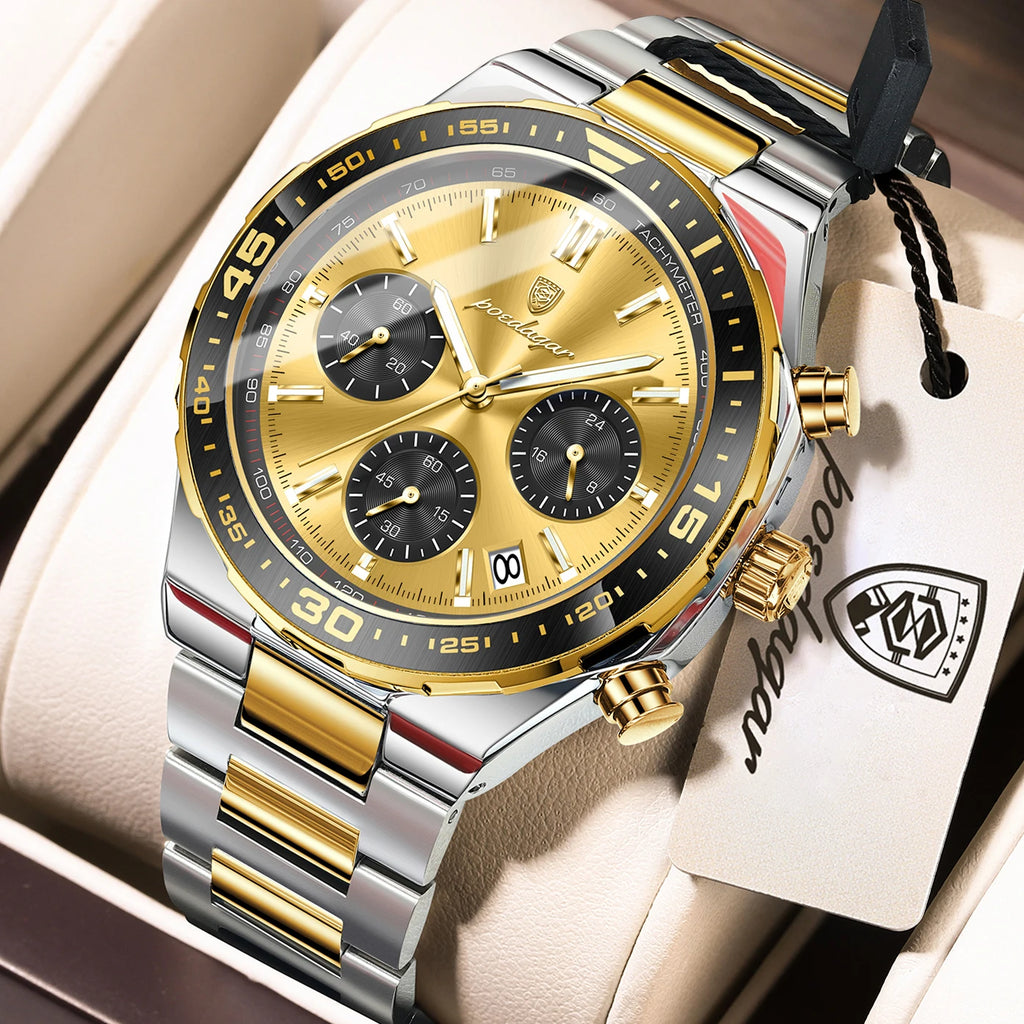 Poedagar 697 2-Tone Gold Mens Luxury Business Sport Chronograph Watch Tachymeter Luminous Date 3ATM Waterproof Factory Wholesale