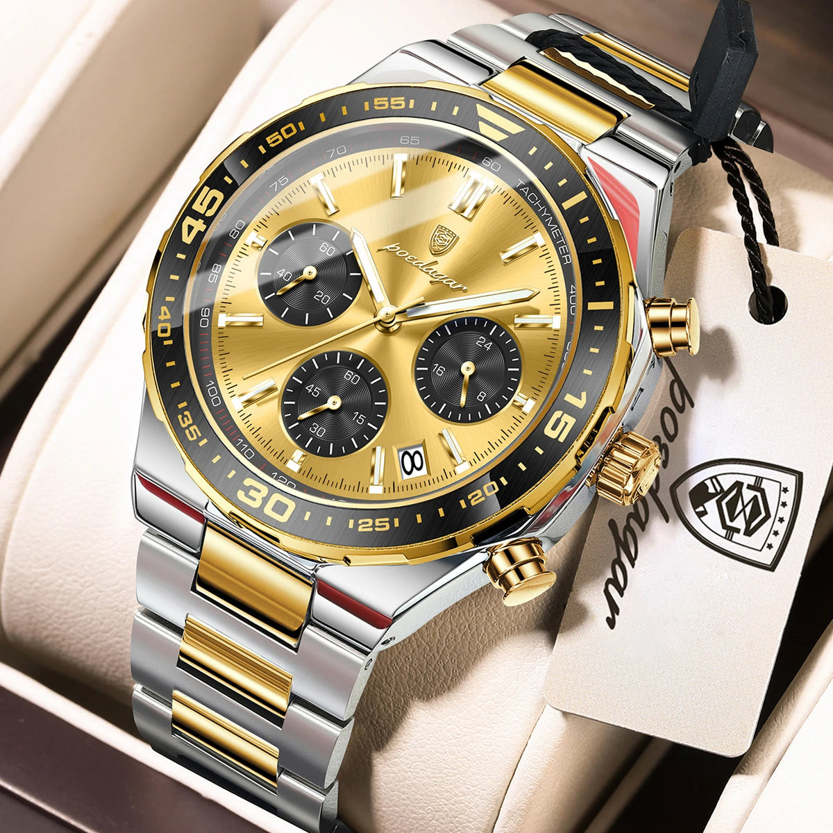 Poedagar 697 2-Tone Gold Mens Luxury Business Sport Chronograph Watch Tachymeter Luminous Date 3ATM Waterproof Factory Wholesale