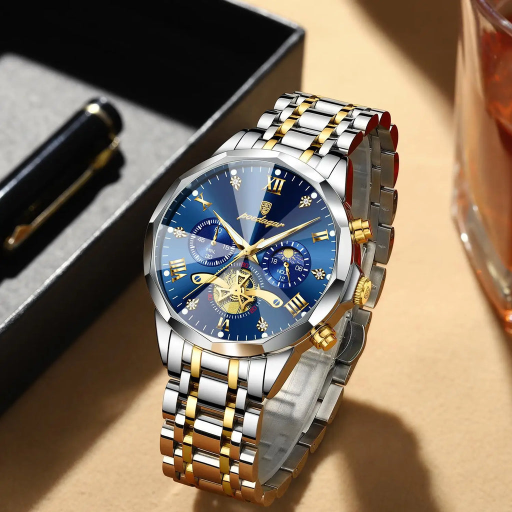 Poedagar 938 Men's Luxury Stainless Steel Chronograph Quartz Watch Waterproof Luminous with 42mm Alloy Dial Watch for Men