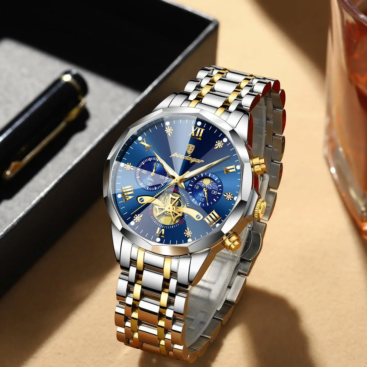 Poedagar 938 Men's Luxury Stainless Steel Chronograph Quartz Watch Waterproof Luminous with 42mm Alloy Dial Watch for Men