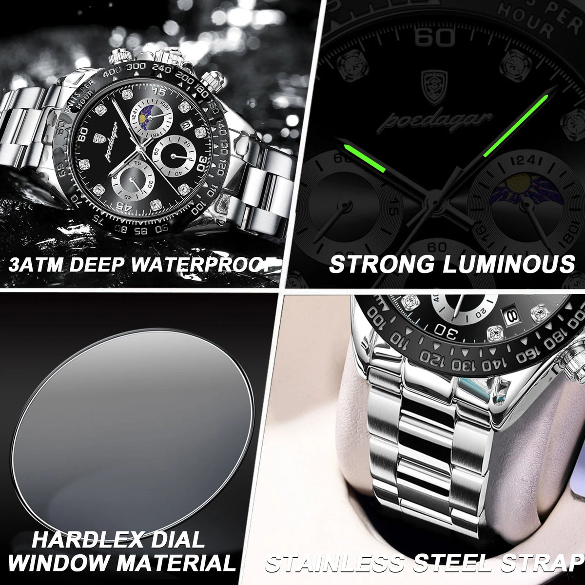Poedagar New Men Fashion Business Ultra-thin Chronograph Watches Waterproof Calendar Clock Male Stainless Steel Strap Quartz Wat