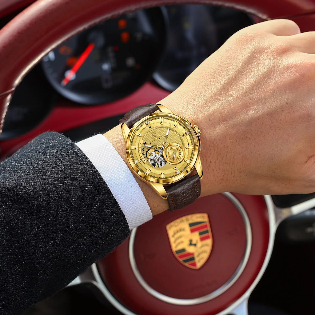 Poedagar 1427 Luxury Men Mechanical Watch All Gold Leather Band Luminous Montre 3ATM Waterproof Automatic Wristwatch for Men