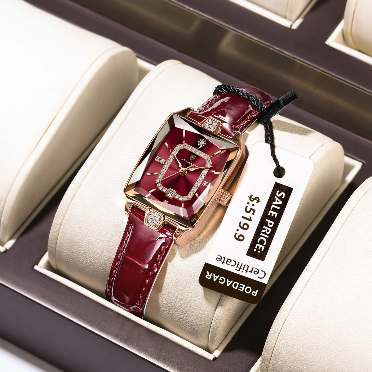 Poedagar 785 Square Shape Crystal Clock for Girl Luxury Leather Band Waterproof Quartz Women Watch