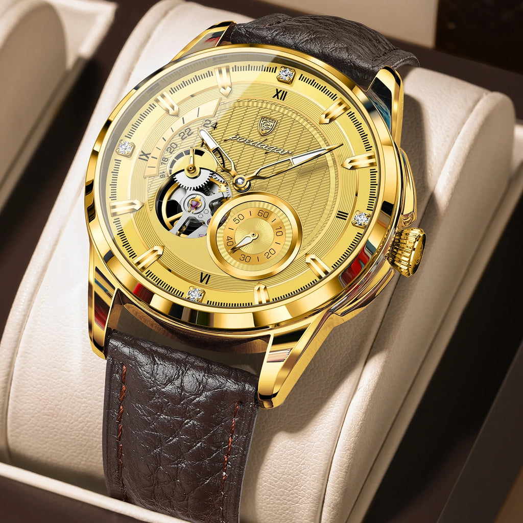Poedagar 1427 Men Automatic Mechanical Watch Leather Band Luminous 3ATM Daily Waterproof Wristwatch