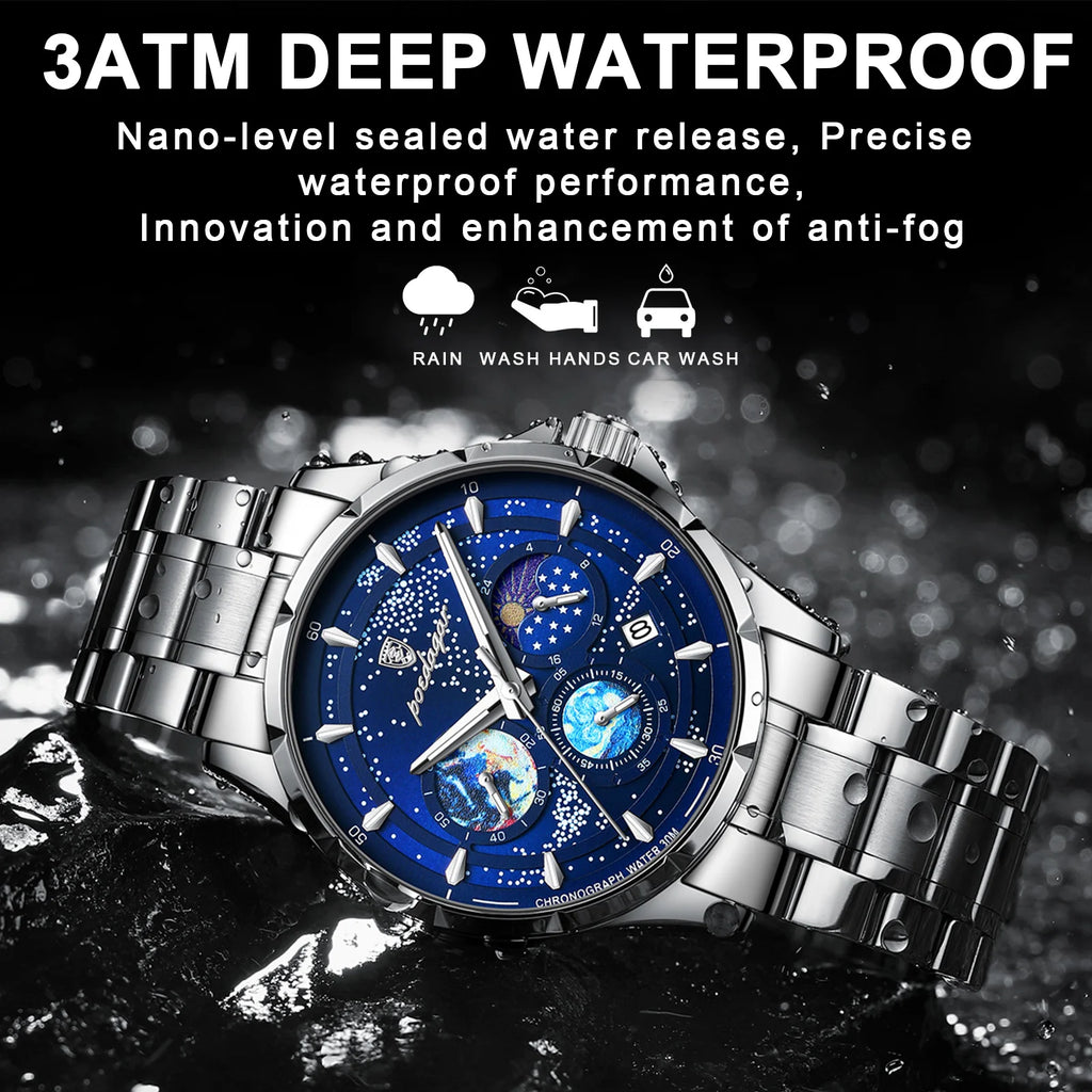 Poedagar Fashion Star Dial Watch for Men Luxury Stainless Steel Watch Wrist Waterproof Luminous Date Quartz Watches