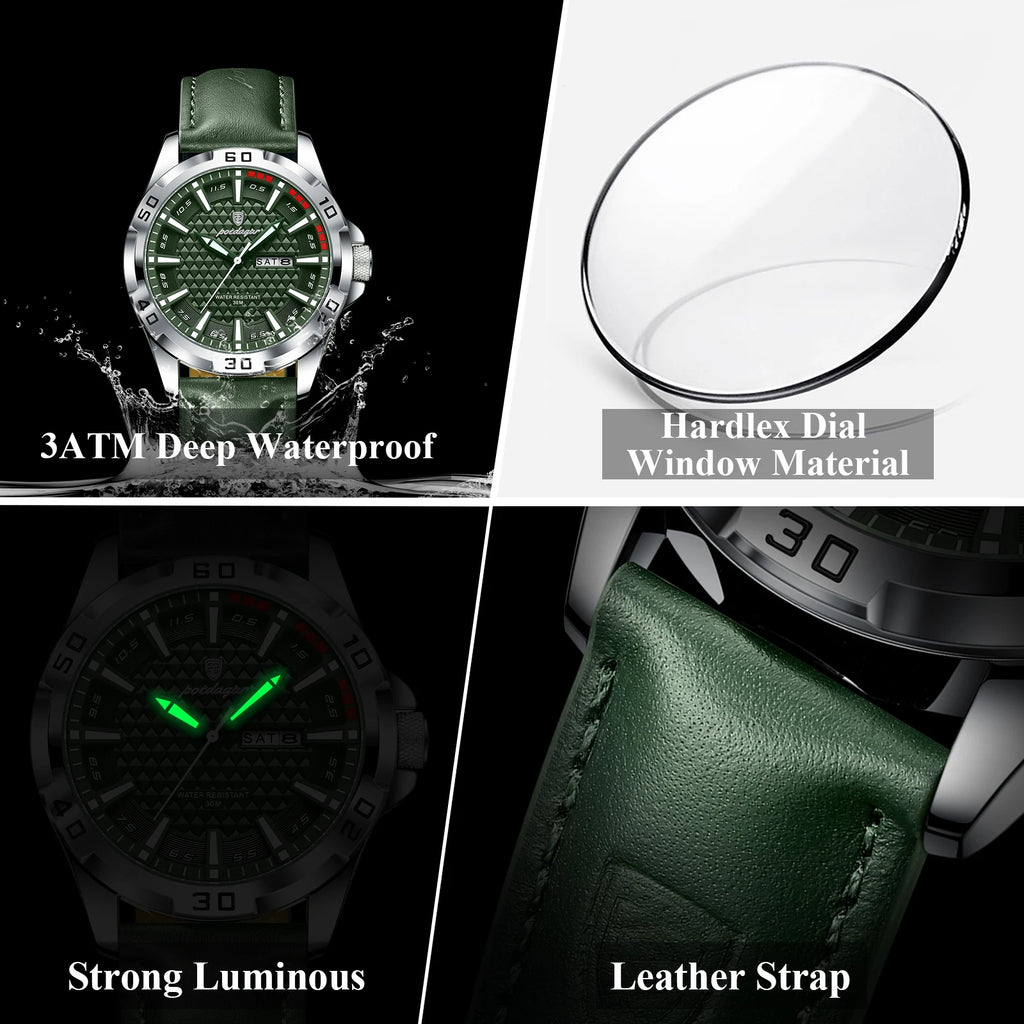 Poedagar 895 Luxury Men Watch 3D Geometric Dial Day Date Luminous Leather Strap Quartz Business Casual Waterproof Watch for Men