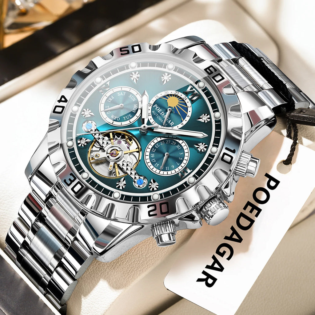 Poedagar 1423 Luxury Men's Mechanical Watch Hollow Tourbillon Stainless Steel Automatic Wristwatch Waterproof Luminous Montre