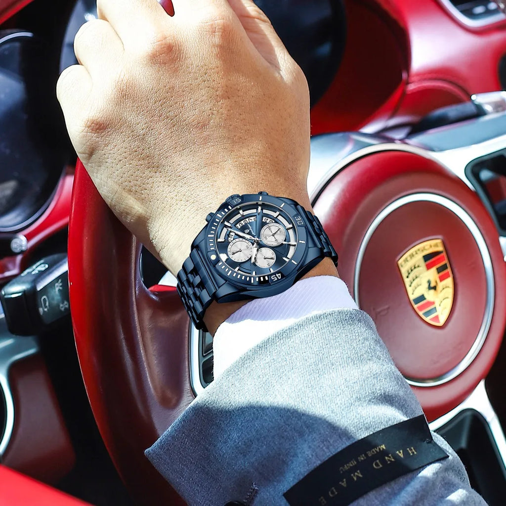 Poedagar 695 Men's Chronograph Watch Stainless Steel Waterproof Sport Daily Wear Casual Luminous Chronograph Montre Homme