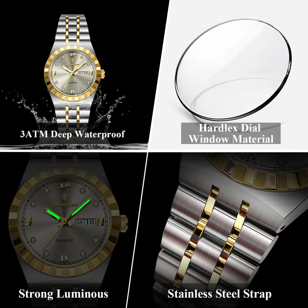 Poedagar Female Luxury Original Luminous Waterproof Week Date Wristwatch Stainless Steel Women Quartz Ladies Watch