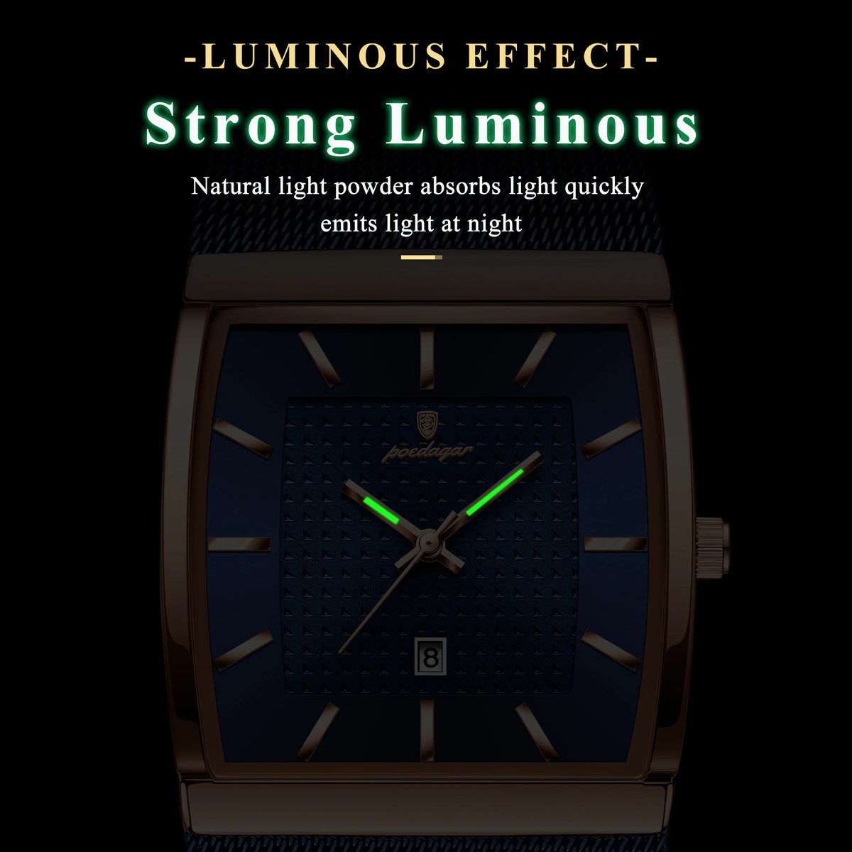Poedagar 885 Men's Stainless Steel Mesh Quartz Watch Luminous Date Display Waterproof Luxury Fashion Watch Square Watch for Men