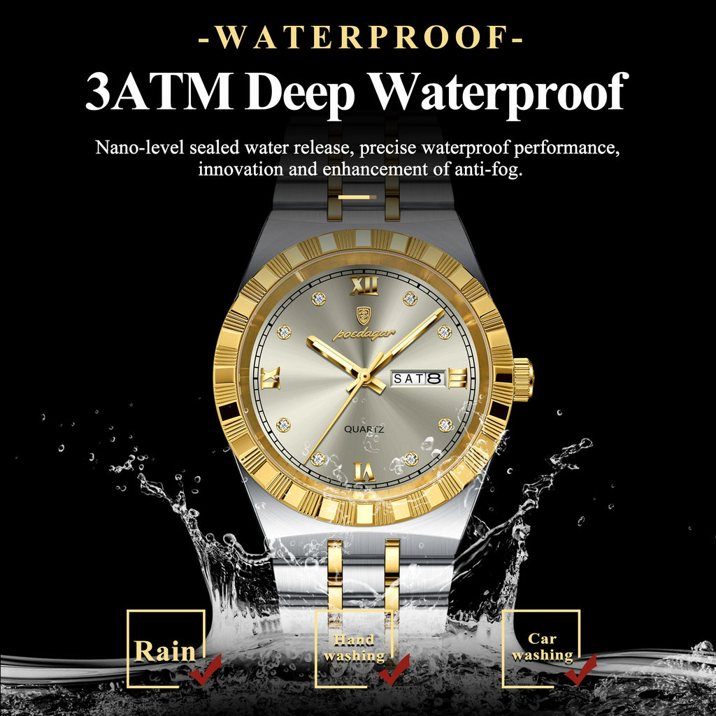 Poedagar 872 Man Wristwatch Quartz Week Date Watch for Men Waterproof Luminous Stainless Steel Men's Watches