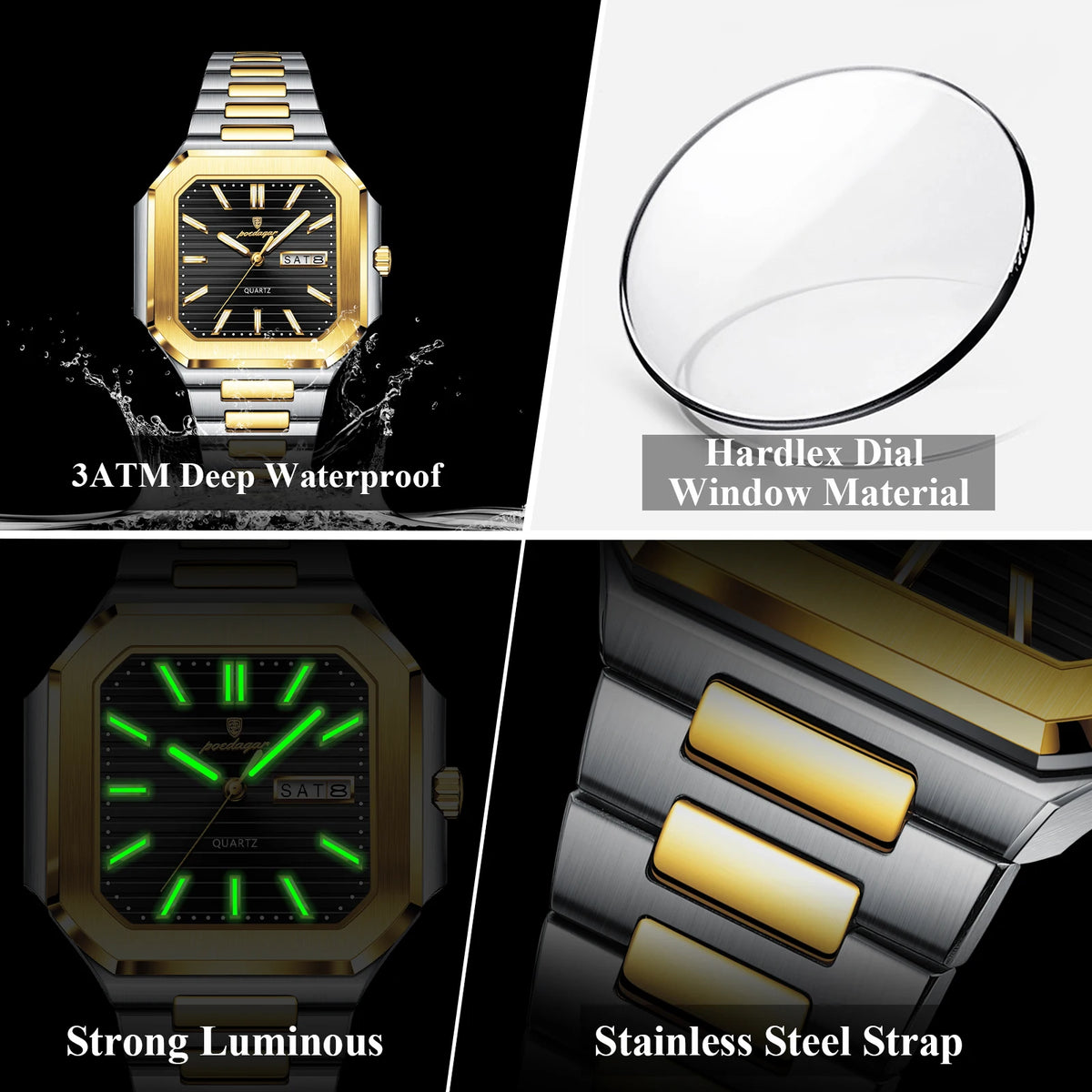 Men's Watch Luxury Poedagar 672 Square Case Stainless Steel Bracelet Quartz Watches Reloj Date Luminous Waterproof Watch for Men