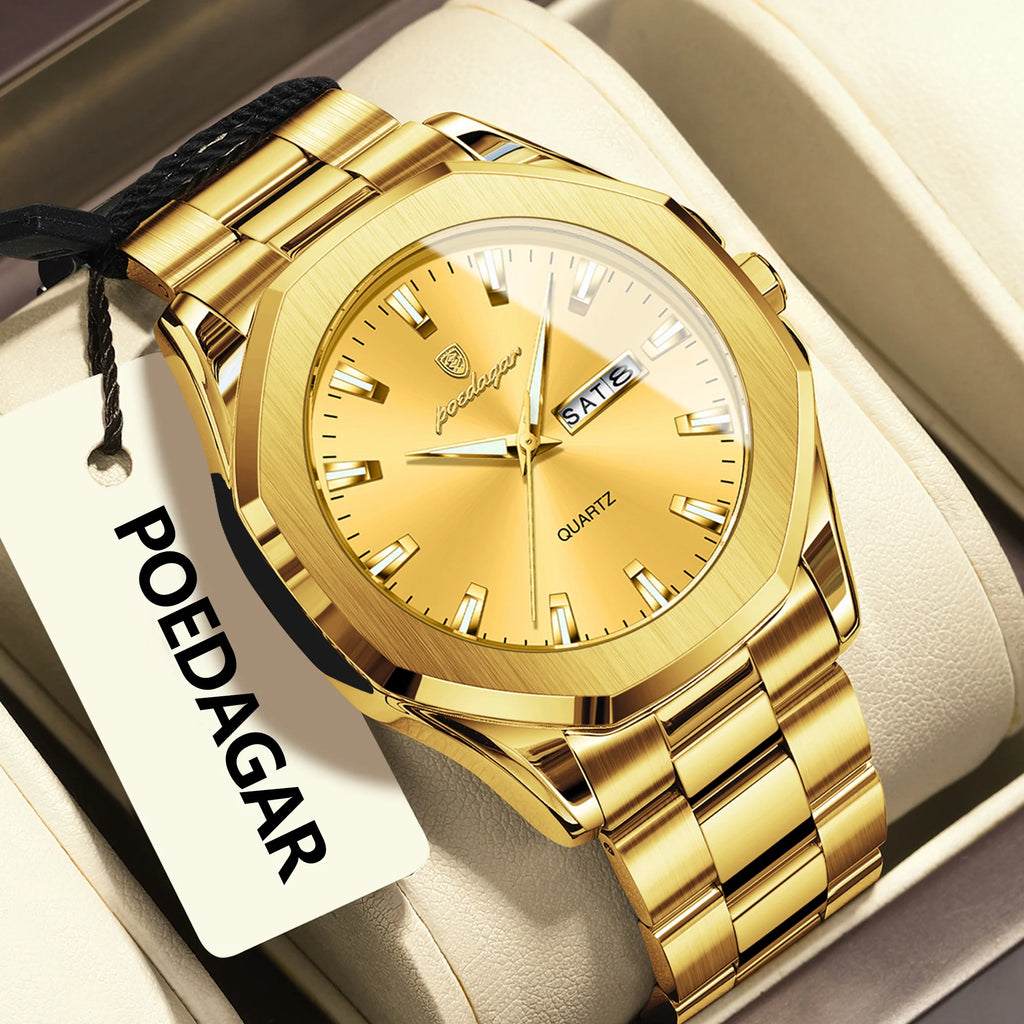 Poedagar 875 Luxury Mens Watch All Gold Octagonal Case Stainless Steel Quartz Watch Reloj Luminous Waterproof Wristwatch for Men