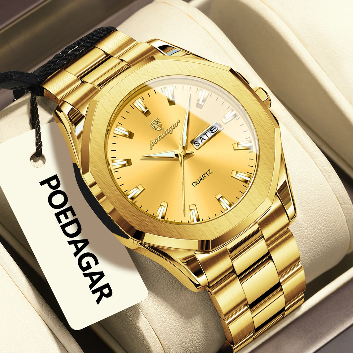 Poedagar 875 Luxury Mens Watch All Gold Octagonal Case Stainless Steel Quartz Watch Reloj Luminous Waterproof Wristwatch for Men
