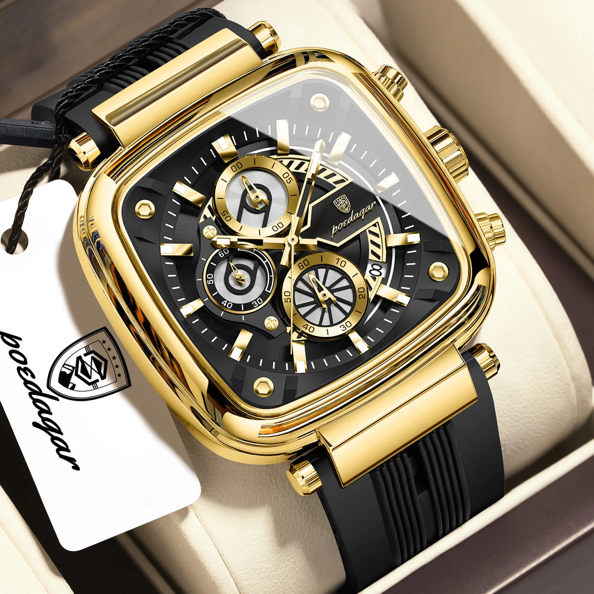 Poedagar 849 Luxury Men Watch Square Large Case Chronograph Quartz Wristwatch Silicone Strap Luminous Waterproof Factory Direct