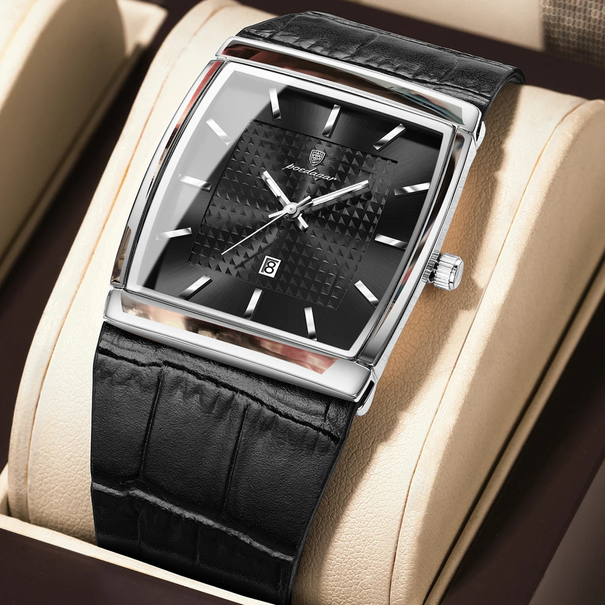 Poedagar 885 Men's Leather Quartz Watch Luminous Date Display Waterproof Luxury Fashion Watch Square Watch for Men