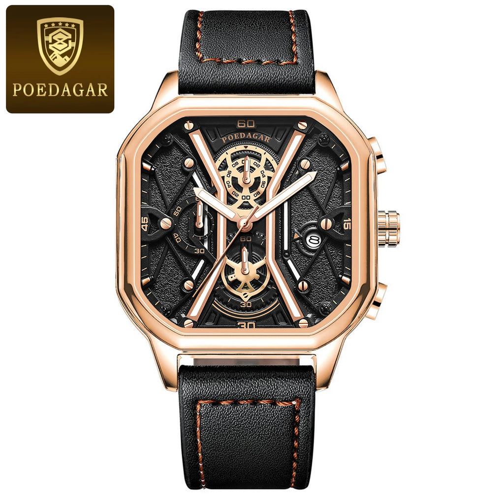 Poegadar Casual Watch for Men Top Quality Luxury Luminous Leather Wrist Chronograph Date Sport Men Watch