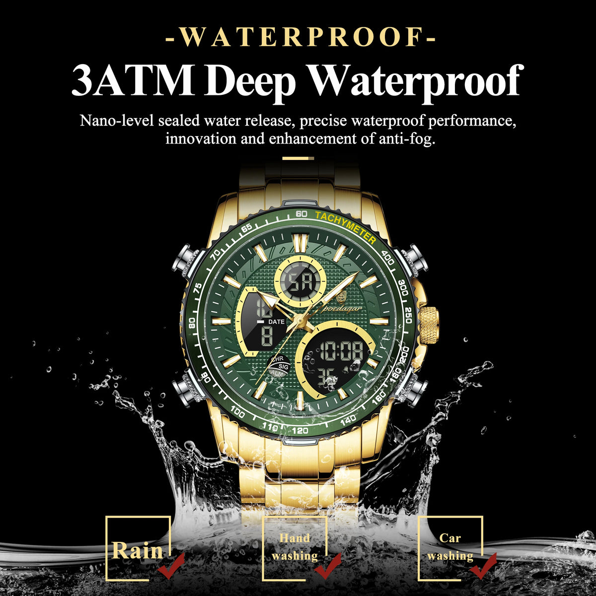 Poedagar E127 Watch for Men Luxury Analog-Digital Watch Dual Display Luminous Waterproof Herrenuhr Stainless Steel Quartz Watch