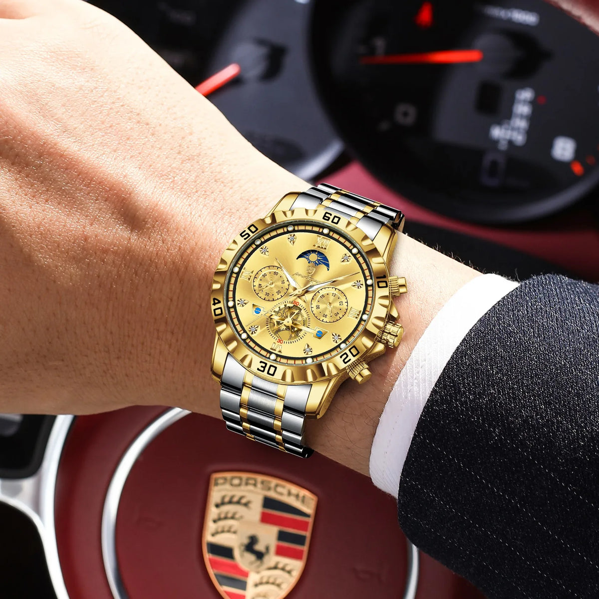 Poedagar 634 Classic Men's Chronograph Watch All Gold Stainless Steel Luminous Waterproof Quartz Watch for Men Business Reloj