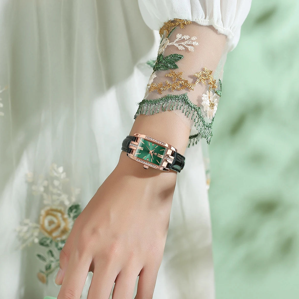 Poedagar Green square Ladies Watches Waterproof Watch Women Luxury Diamond Quartz Watches for Women