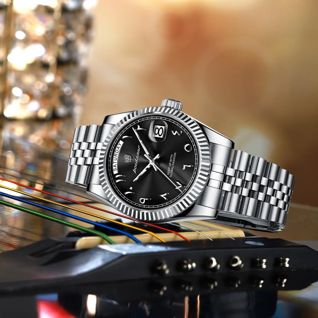 Poedagar 845 Luxury Mens Watch Arabic Dial Stainless Steel Waterproof Date Day Business Quartz Wristwatch Montre Homme
