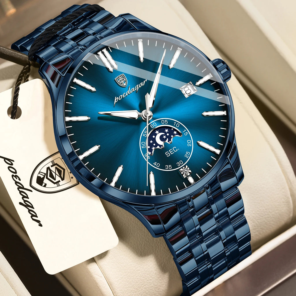 Poedagar 854 Luxury Mens Quartz Watch Stainless Steel Band Moon Phase Calendar Waterproof Business Wristwatch for Men