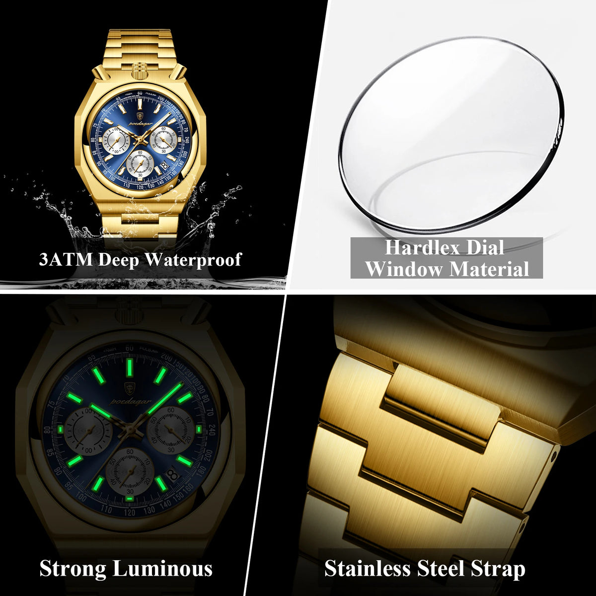 Poedagar Quartz Business Watch for Men Waterproof Luminous Multi-Function Chronograph Stainless Steel Watch for Men