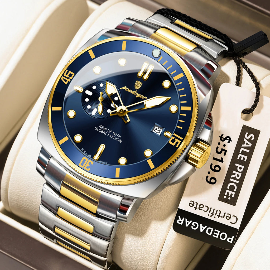 Poedagar 873 Two Tone Men Luxury Cushion Case Sport Watch Moon Phase Luminous Steel Waterproof Factory Wholesale Reloj Hombre