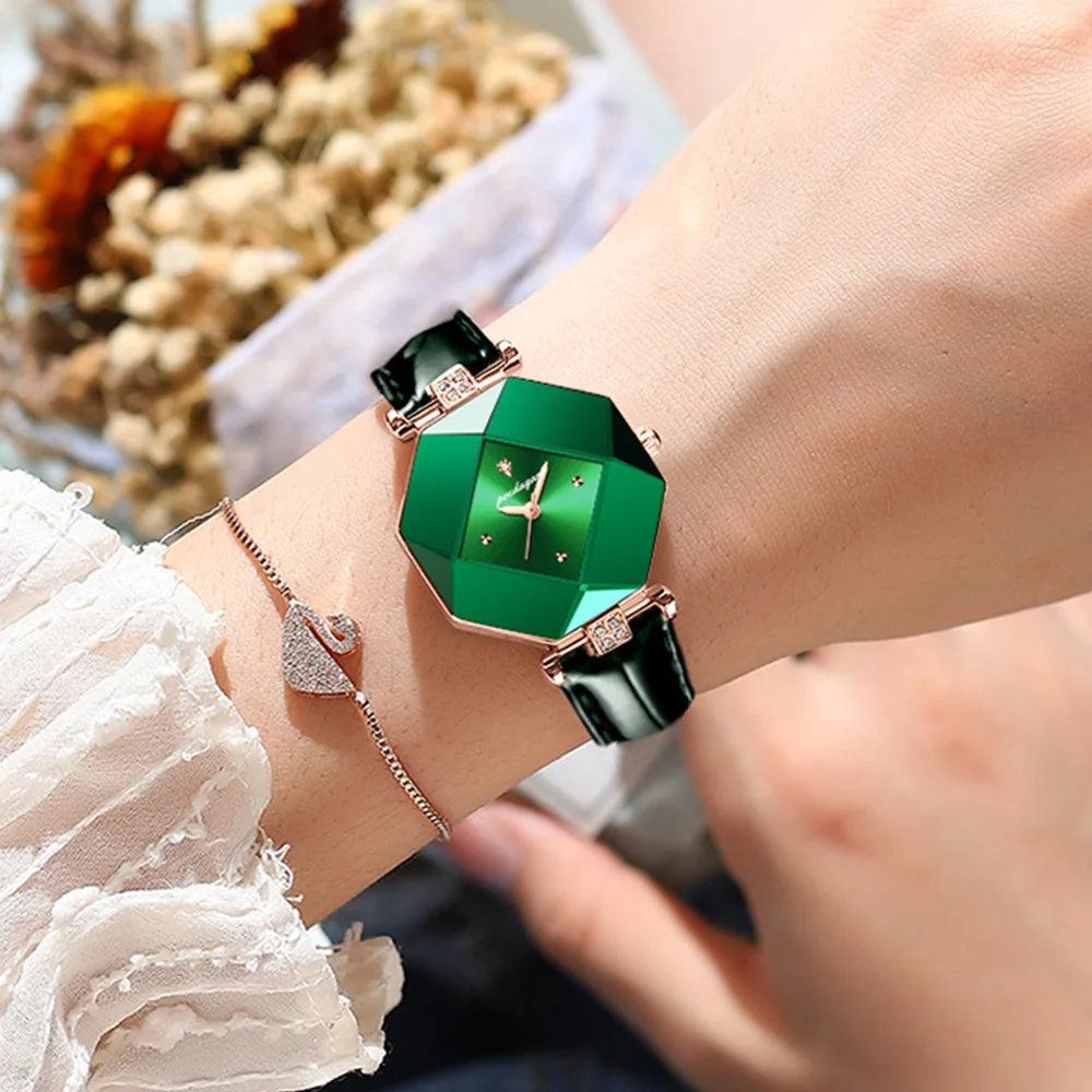 Poedagar Women Fashion Green Leather Watches Elegant Diamond Luxury Quartz Ladies Wristwatch Waterproof Watch for Womens Opp Bag