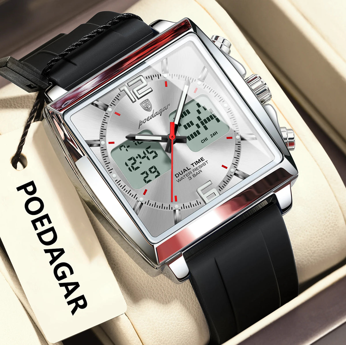 Poedagar E109 Quartz Watches Dual Display Chronograph Silicone Strap Reloj Luminous Waterproof Alarm Watch for Men Outdoor Sport
