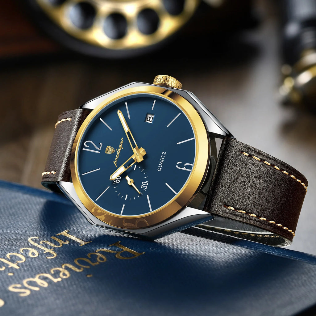POEDAGAR 689 Luxury Antique Quartz Watch Men Hardlex Dial Leather Strap 3ATM Waterproof Luminous Night Light Business Wristwatch
