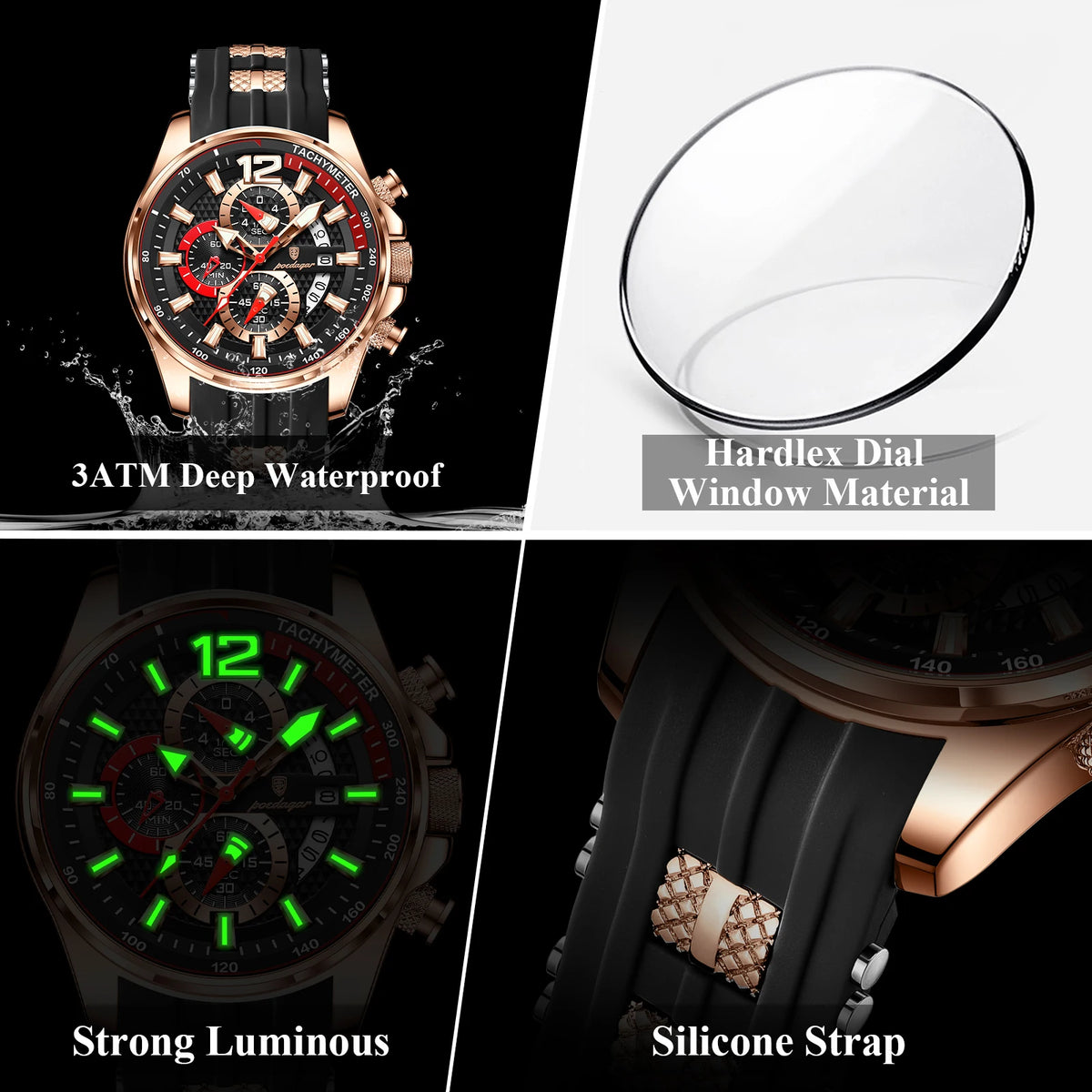 Poedagar 898 Men Sports Watch Chronograph Quartz Wristwatch Silicone Strap Trendy Reloj Luminous Waterproof Watch for Men