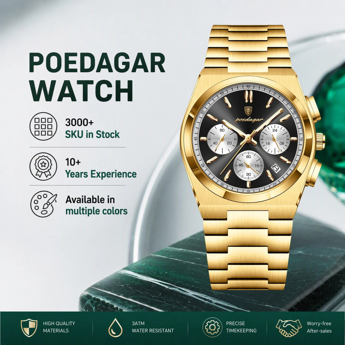 Poedagar 970 Mens Luxury Watch Chronograph Stainless Steel Quartz Wristwatch Luminous Reloj Montre Waterproof Watch for Men
