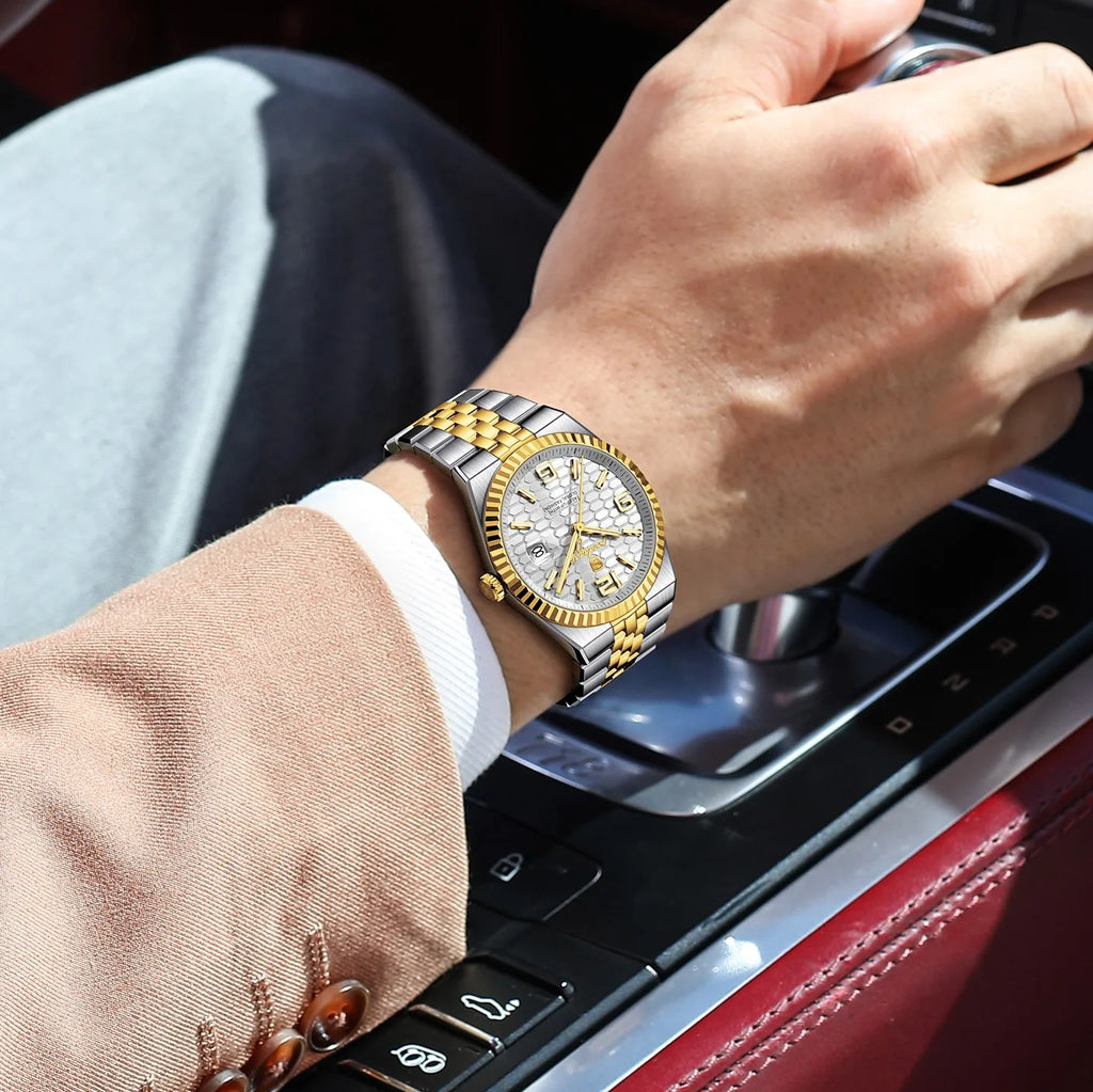 Poedagar 839 Luxury Classic Men Watch 2-Tone Honeycomb Dial Luminous Date Waterproof Business Elegant Quartz Wristwatch Montre