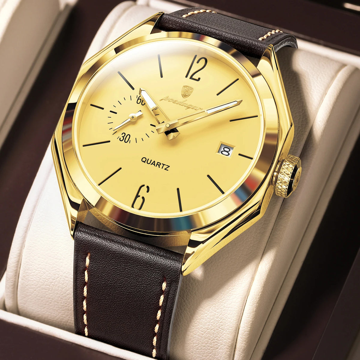 POEDAGAR 689 Men Quartz Watch Luxury Geometric Dial Leather Strap Waterproof Casual Wrist Watch Wholesale