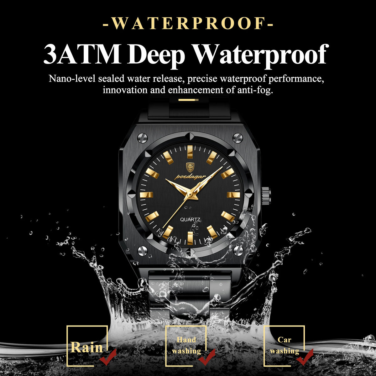 Poedagar 788 Luxury Women's Watch Black Square Case Waterproof Luminous Reloj Wristwatch Stainless Steel Quartz Watch for Women
