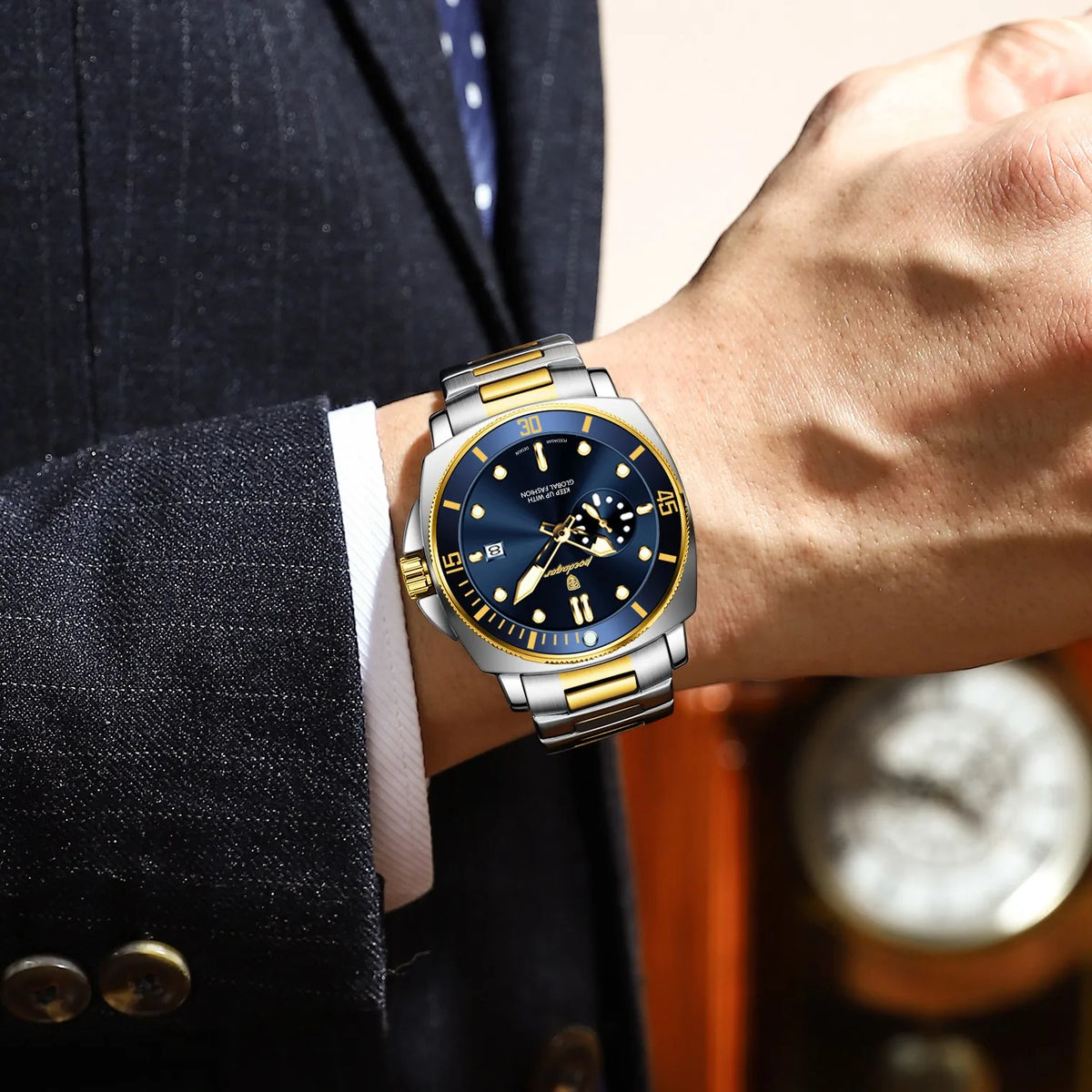 Poedagar 873 Two Tone Men Luxury Cushion Case Sport Watch Moon Phase Luminous Steel Waterproof Factory Wholesale Reloj Hombre