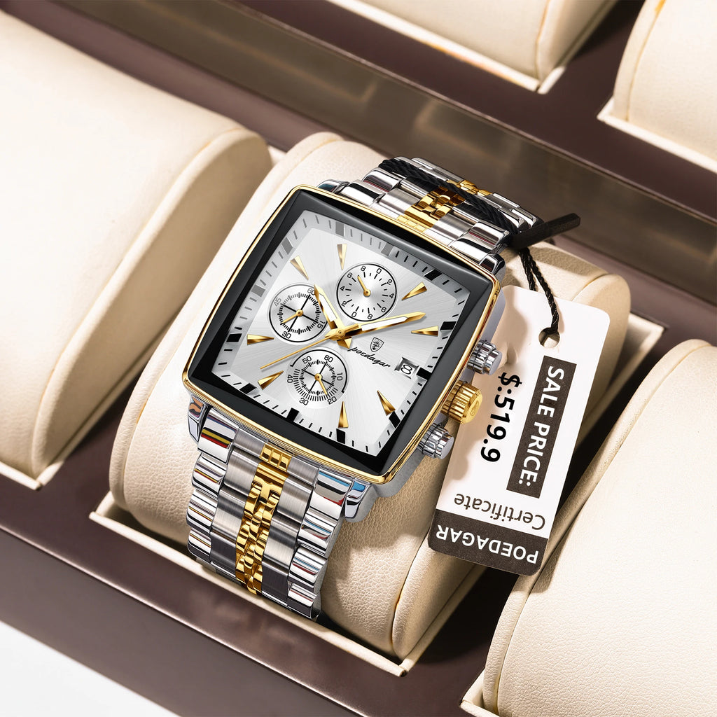 Poedagar New Fashion Square Stainless Steel Men's Watches Waterproof Luminous Chronograph Quartz Watch for Men