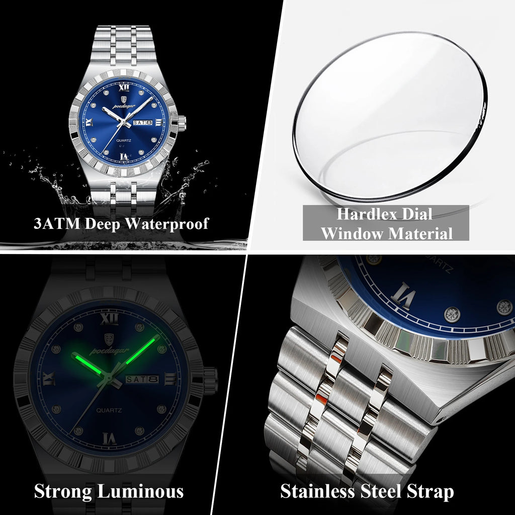 Poedagar 872 Luxury Men's Watches Business Week Date Waterproof Luminous Quartz Herrenuhr Stainless Steel Wristwatch for Men