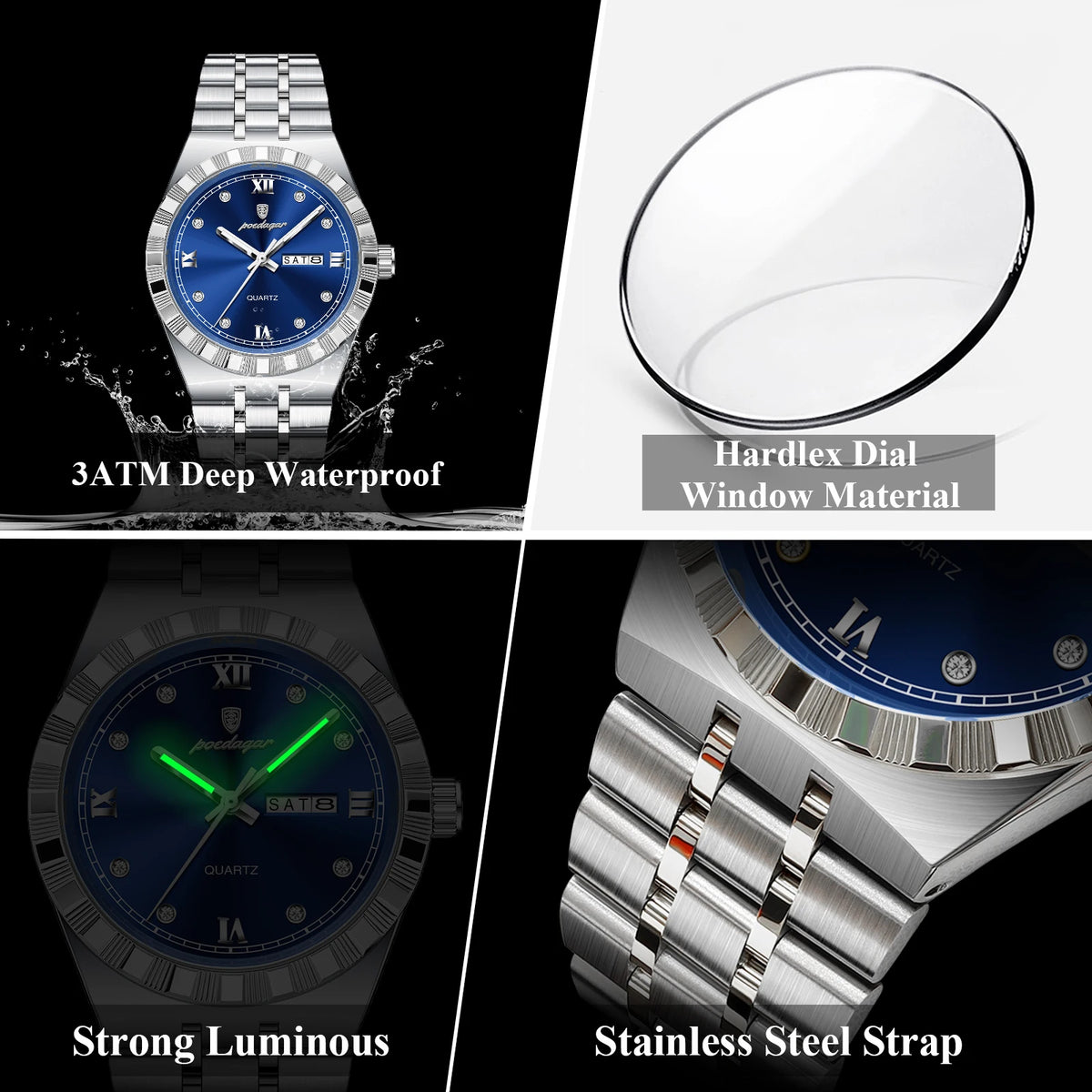Poedagar 872 Luxury Men's Watches Business Week Date Waterproof Luminous Quartz Herrenuhr Stainless Steel Wristwatch for Men