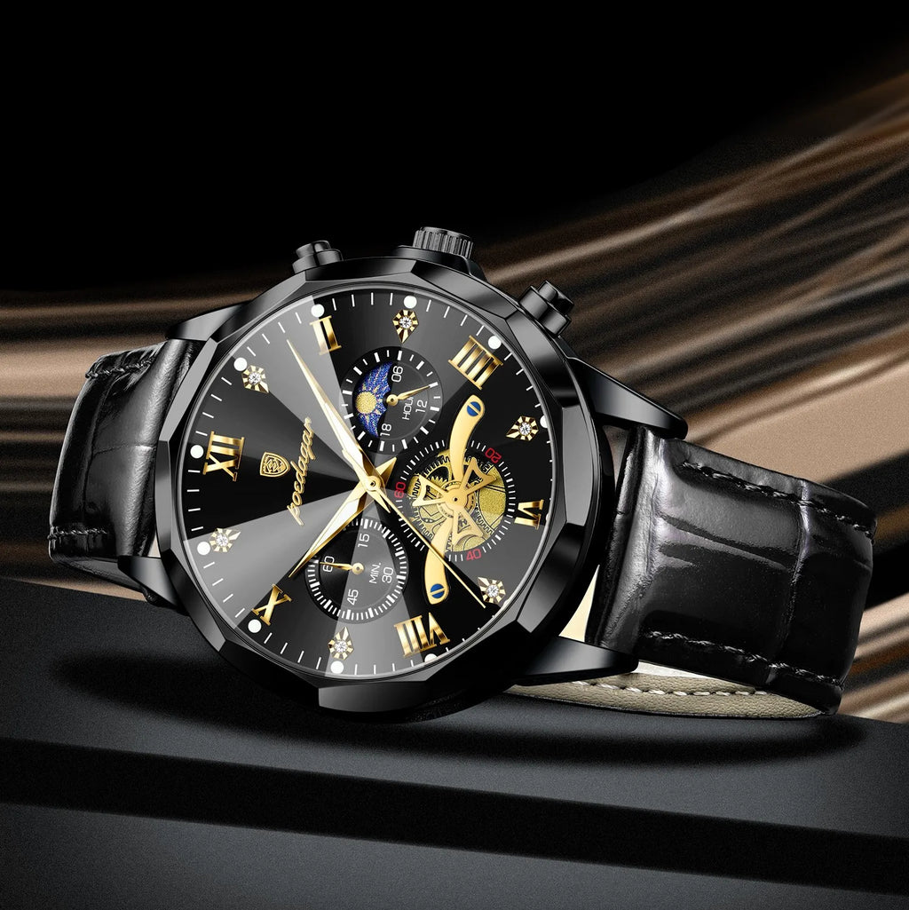 Poedagar 938 Luxury Mens Quartz Watch Luminous Waterproof Men's Watches Leather Strap Orologio Chronograph Watch for Men Gift