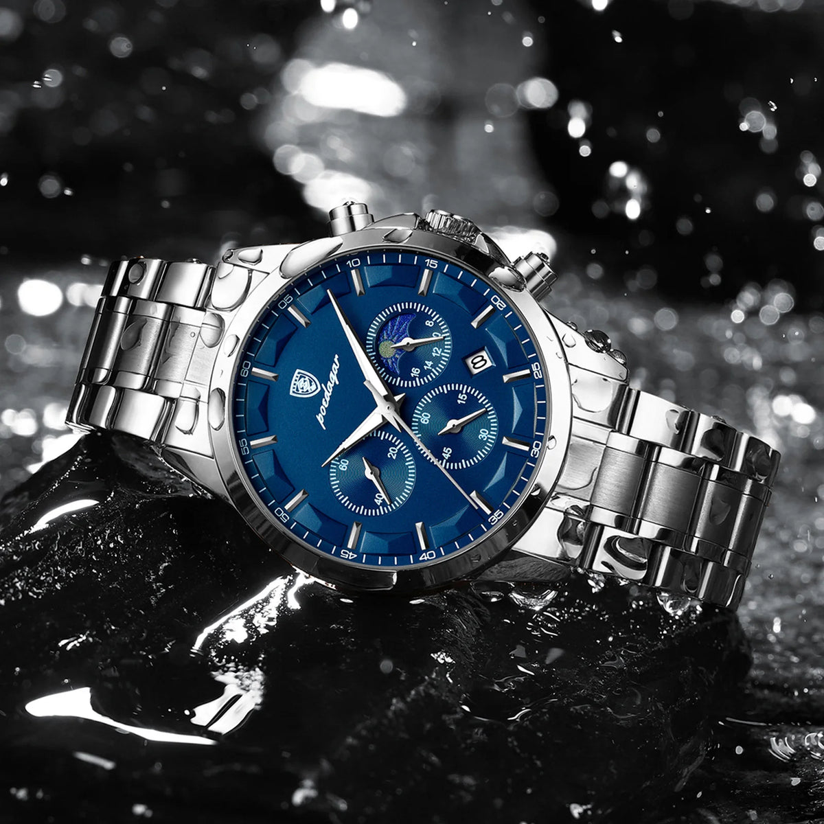 Poedagar 928 Luxury Men Watch Moon Phase Chronograph Relief Dial Stainless Steel Luminous Waterproof Business Sport Quartz Watch