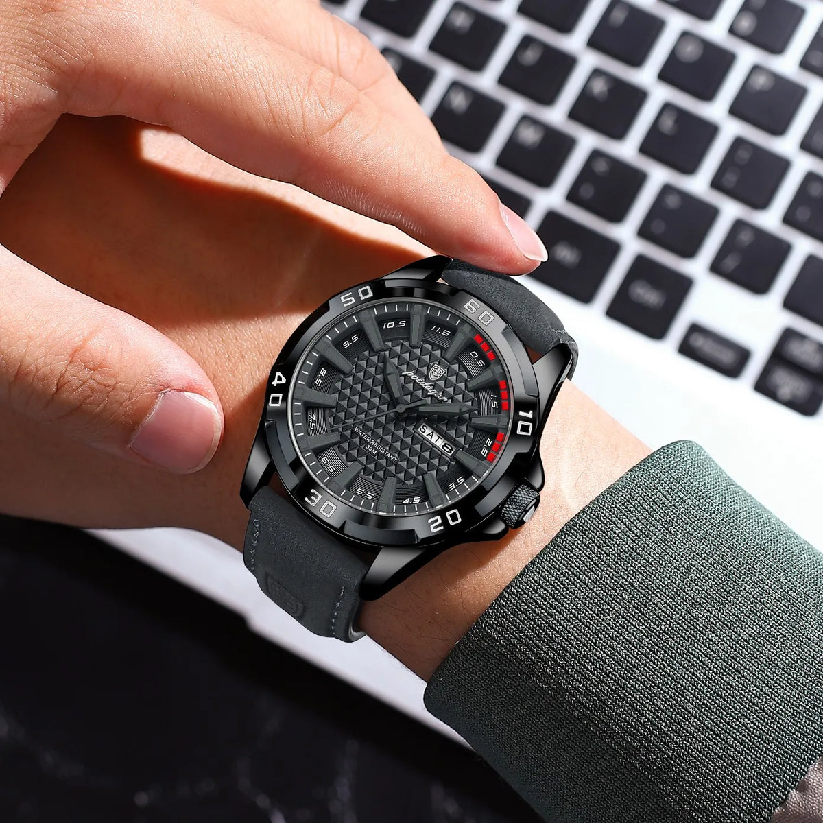 Poedagar 895 Sport Men Watch Geometric Dial Date Luminous Leather Strap Quartz Business Casual Waterproof Luxury Wristwatch