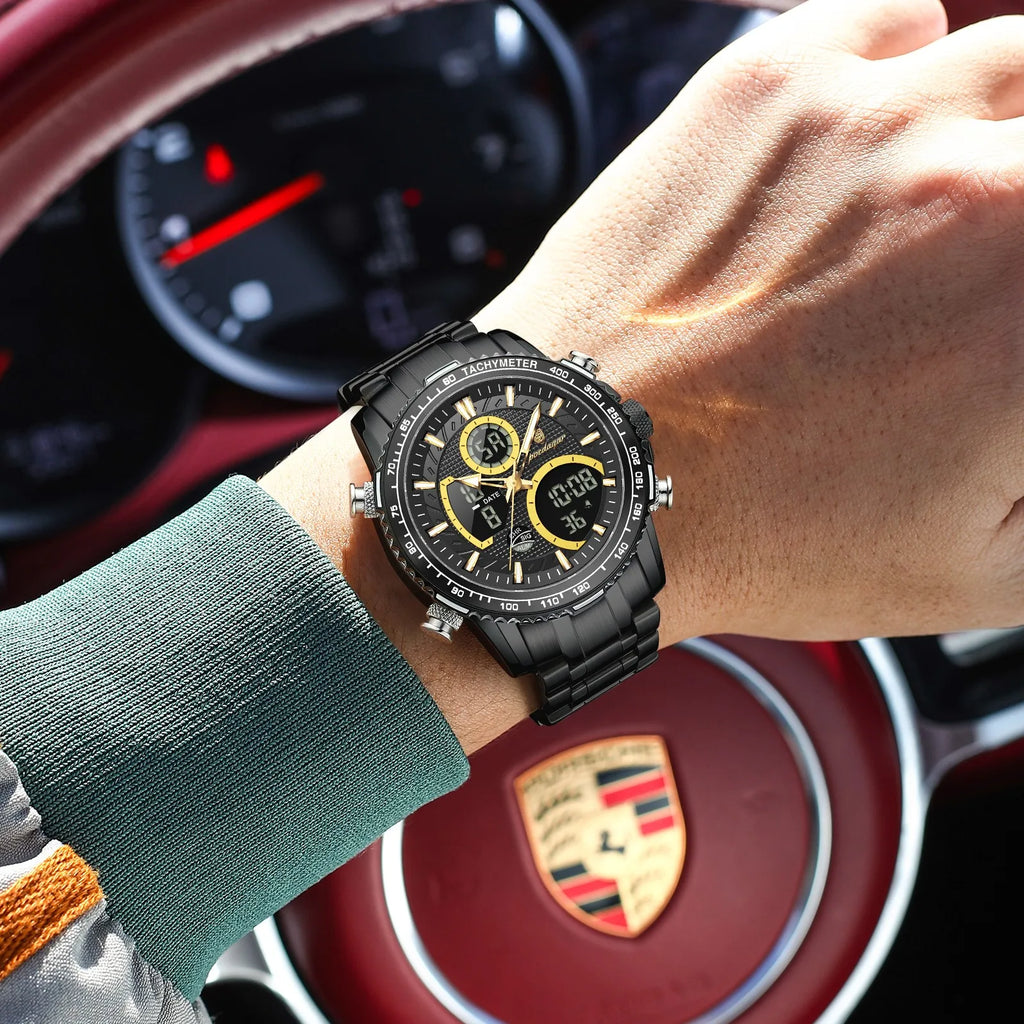 Poedagar E127 Luxury Men's Analog-Digital Watch Luminous Waterproof Dual Display Montre Homme Stainless Steel Quartz Watches