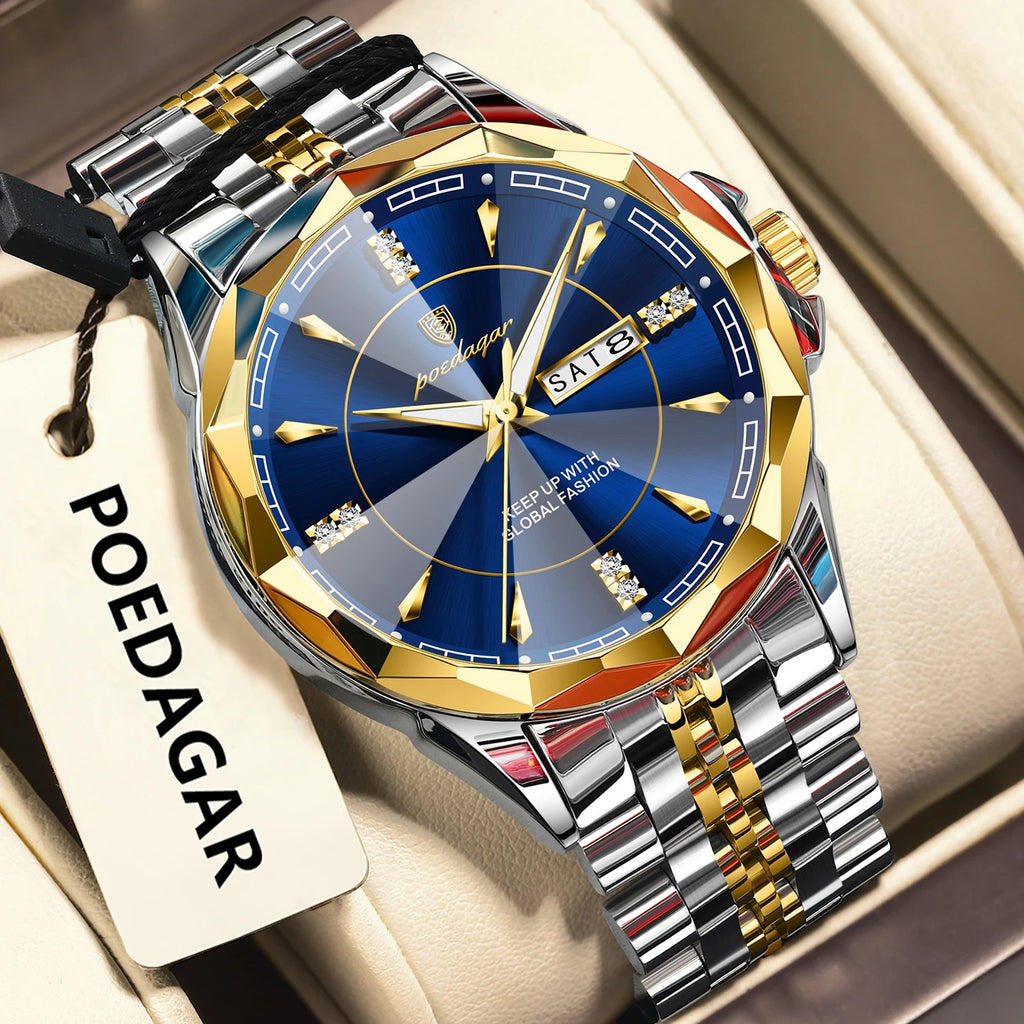 Poedagar 674 Luxury Business Stainless Steel Strap Men Quartz Watches 30M Waterproof Luminous Calendar Watch for Men