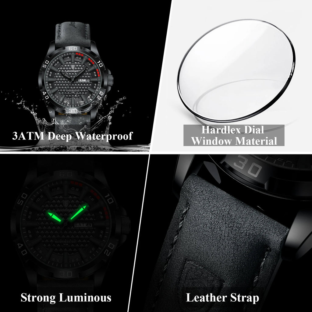 Poedagar 895 Sport Men Watch Geometric Dial Date Luminous Leather Strap Quartz Business Casual Waterproof Luxury Wristwatch