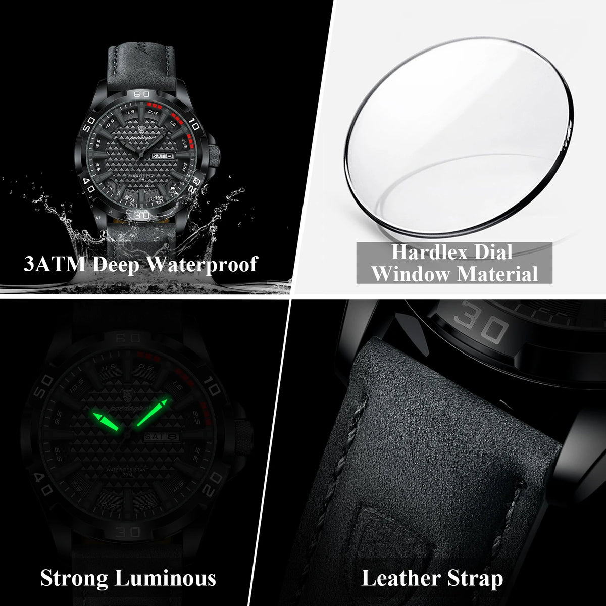 Poedagar 895 Sport Men Watch Geometric Dial Date Luminous Leather Strap Quartz Business Casual Waterproof Luxury Wristwatch